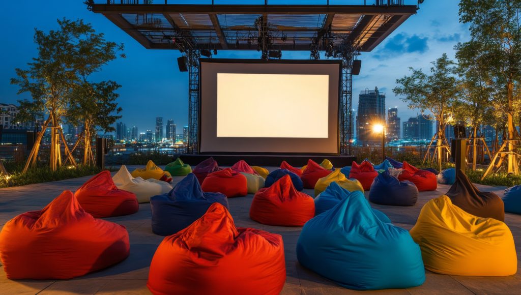 outdoor movie screening with bean bag seating area