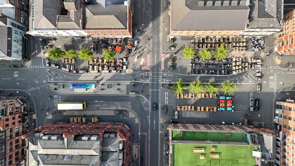 Ariel shot of Stevenson Square